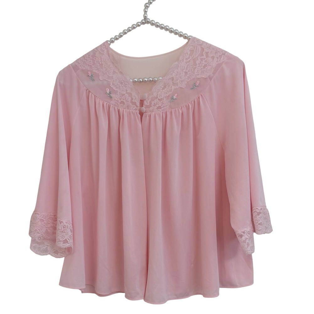 Vintage 1970s Shadowline Pink Nylon Bed Jacket Shrug Lace Sheer Trim Sleepwear M